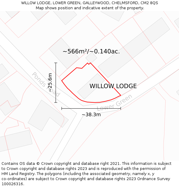 WILLOW LODGE, LOWER GREEN, GALLEYWOOD, CHELMSFORD, CM2 8QS: Plot and title map