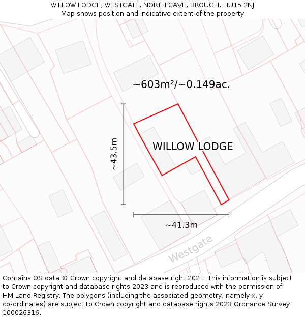 WILLOW LODGE, WESTGATE, NORTH CAVE, BROUGH, HU15 2NJ: Plot and title map