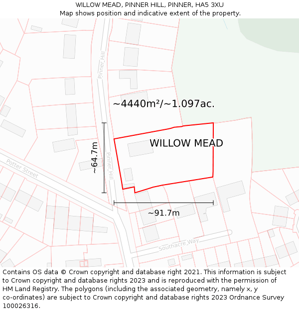 WILLOW MEAD, PINNER HILL, PINNER, HA5 3XU: Plot and title map