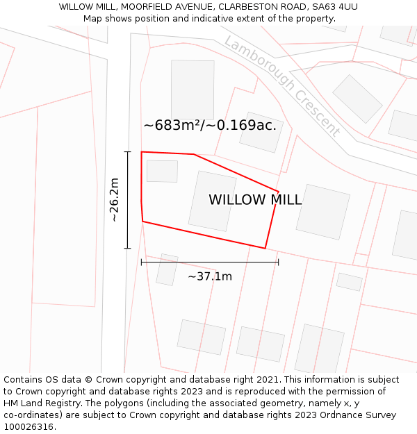 WILLOW MILL, MOORFIELD AVENUE, CLARBESTON ROAD, SA63 4UU: Plot and title map