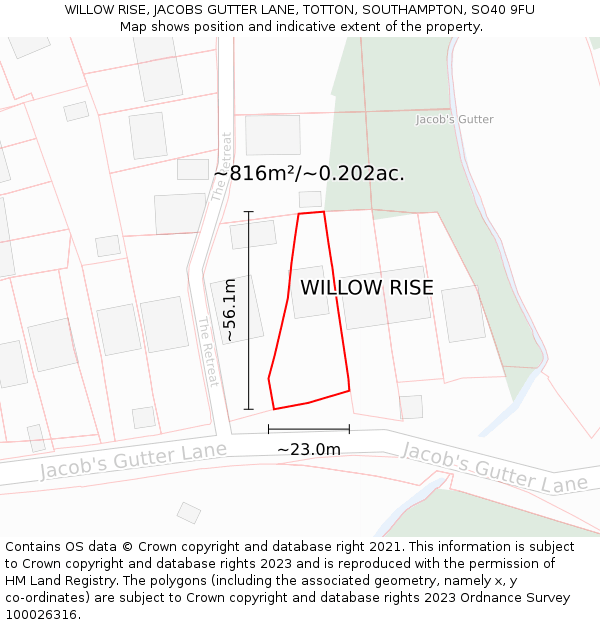 WILLOW RISE, JACOBS GUTTER LANE, TOTTON, SOUTHAMPTON, SO40 9FU: Plot and title map