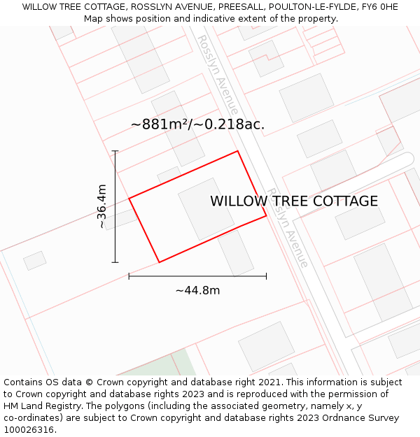 WILLOW TREE COTTAGE, ROSSLYN AVENUE, PREESALL, POULTON-LE-FYLDE, FY6 0HE: Plot and title map