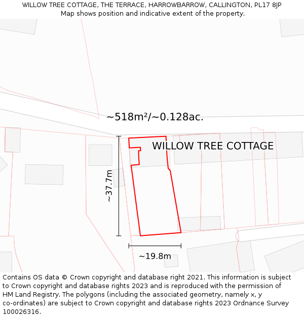 WILLOW TREE COTTAGE, THE TERRACE, HARROWBARROW, CALLINGTON, PL17 8JP: Plot and title map