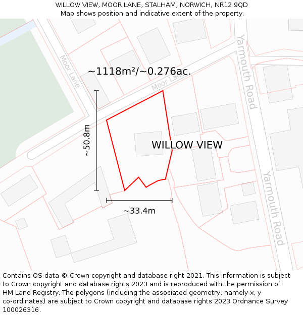 WILLOW VIEW, MOOR LANE, STALHAM, NORWICH, NR12 9QD: Plot and title map