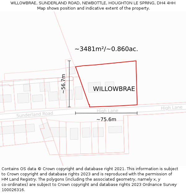 WILLOWBRAE, SUNDERLAND ROAD, NEWBOTTLE, HOUGHTON LE SPRING, DH4 4HH: Plot and title map