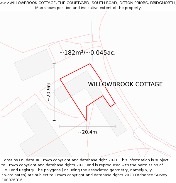 WILLOWBROOK COTTAGE, THE COURTYARD, SOUTH ROAD, DITTON PRIORS, BRIDGNORTH, WV16 6SJ: Plot and title map