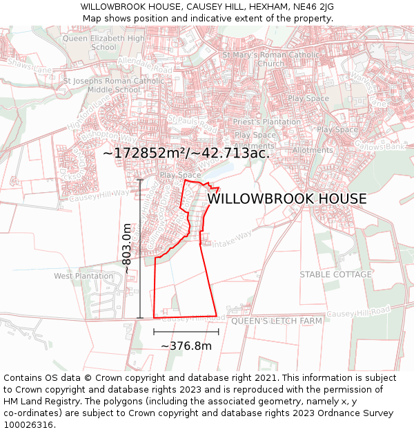 WILLOWBROOK HOUSE, CAUSEY HILL, HEXHAM, NE46 2JG: Plot and title map