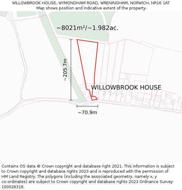 WILLOWBROOK HOUSE, WYMONDHAM ROAD, WRENINGHAM, NORWICH, NR16 1AT: Plot and title map