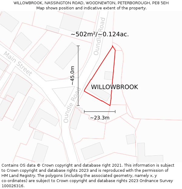 WILLOWBROOK, NASSINGTON ROAD, WOODNEWTON, PETERBOROUGH, PE8 5EH: Plot and title map