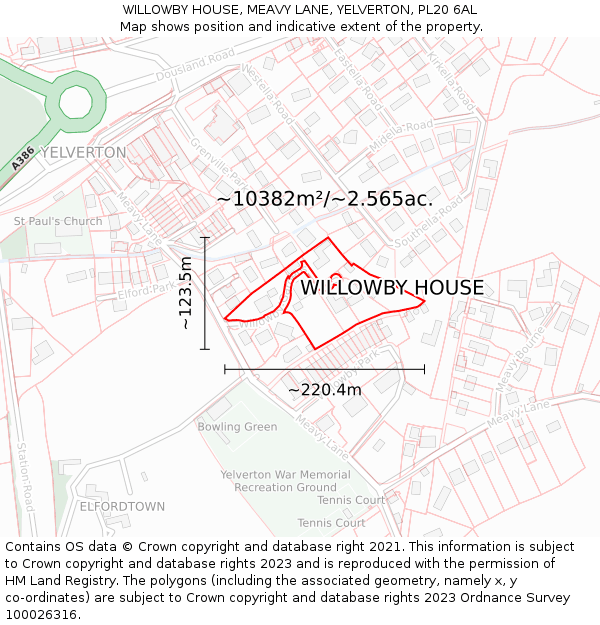 WILLOWBY HOUSE, MEAVY LANE, YELVERTON, PL20 6AL: Plot and title map