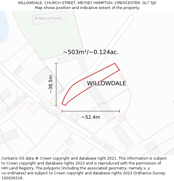 WILLOWDALE, CHURCH STREET, MEYSEY HAMPTON, CIRENCESTER, GL7 5JX: Plot and title map