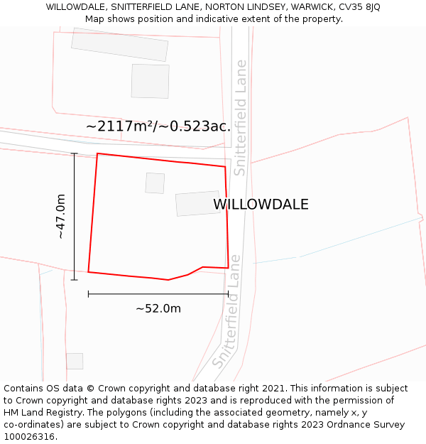 WILLOWDALE, SNITTERFIELD LANE, NORTON LINDSEY, WARWICK, CV35 8JQ: Plot and title map