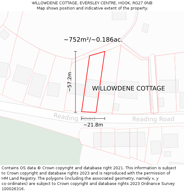 WILLOWDENE COTTAGE, EVERSLEY CENTRE, HOOK, RG27 0NB: Plot and title map