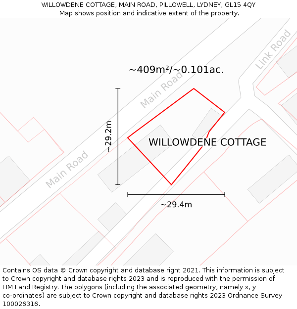 WILLOWDENE COTTAGE, MAIN ROAD, PILLOWELL, LYDNEY, GL15 4QY: Plot and title map