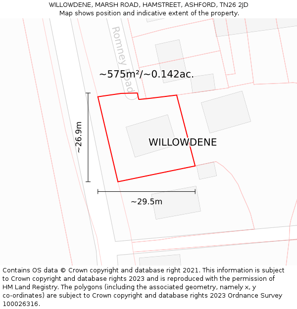 WILLOWDENE, MARSH ROAD, HAMSTREET, ASHFORD, TN26 2JD: Plot and title map