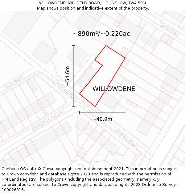 WILLOWDENE, MILLFIELD ROAD, HOUNSLOW, TW4 5PN: Plot and title map