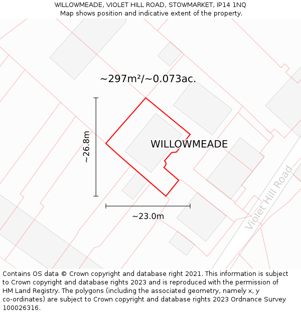 WILLOWMEADE, VIOLET HILL ROAD, STOWMARKET, IP14 1NQ: Plot and title map