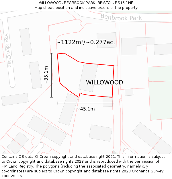 WILLOWOOD, BEGBROOK PARK, BRISTOL, BS16 1NF: Plot and title map