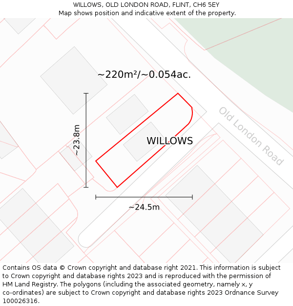 WILLOWS, OLD LONDON ROAD, FLINT, CH6 5EY: Plot and title map