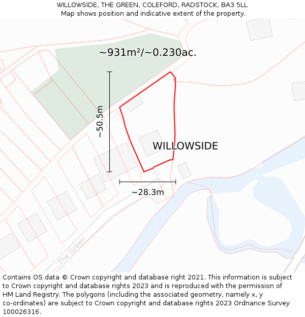 WILLOWSIDE, THE GREEN, COLEFORD, RADSTOCK, BA3 5LL: Plot and title map