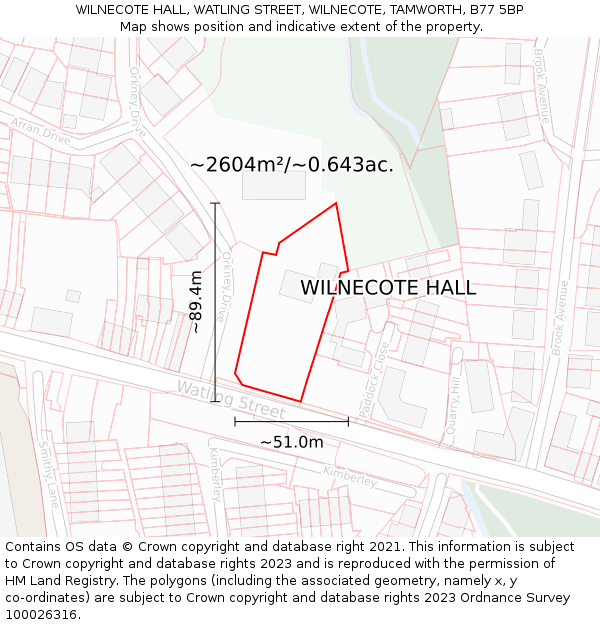 WILNECOTE HALL, WATLING STREET, WILNECOTE, TAMWORTH, B77 5BP: Plot and title map