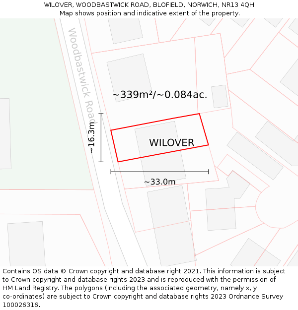 WILOVER, WOODBASTWICK ROAD, BLOFIELD, NORWICH, NR13 4QH: Plot and title map