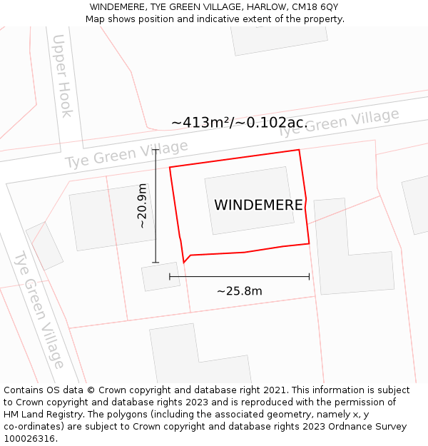 WINDEMERE, TYE GREEN VILLAGE, HARLOW, CM18 6QY: Plot and title map