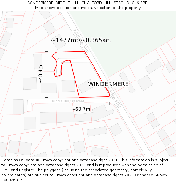 WINDERMERE, MIDDLE HILL, CHALFORD HILL, STROUD, GL6 8BE: Plot and title map