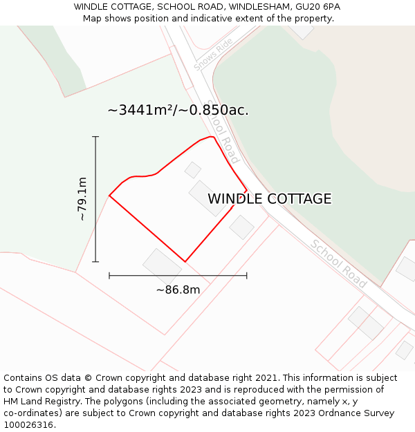 WINDLE COTTAGE, SCHOOL ROAD, WINDLESHAM, GU20 6PA: Plot and title map