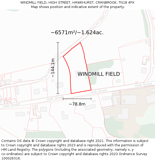 WINDMILL FIELD, HIGH STREET, HAWKHURST, CRANBROOK, TN18 4PX: Plot and title map