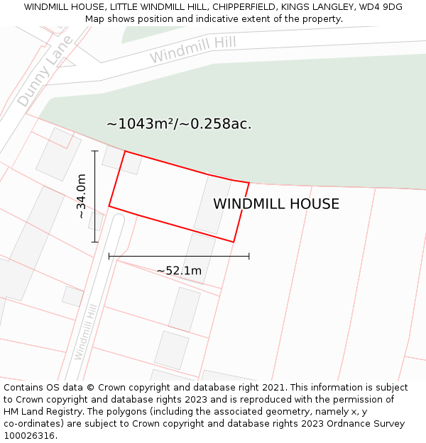 WINDMILL HOUSE, LITTLE WINDMILL HILL, CHIPPERFIELD, KINGS LANGLEY, WD4 9DG: Plot and title map