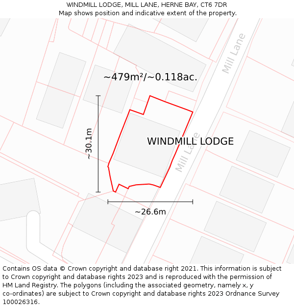 WINDMILL LODGE, MILL LANE, HERNE BAY, CT6 7DR: Plot and title map