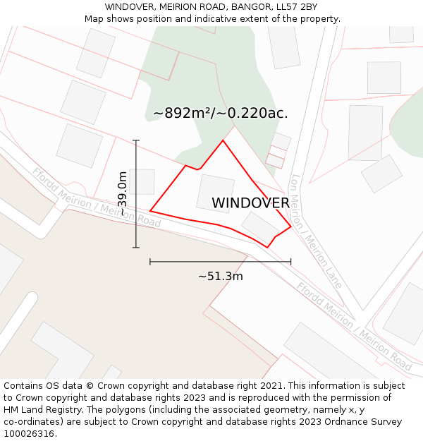 WINDOVER, MEIRION ROAD, BANGOR, LL57 2BY: Plot and title map