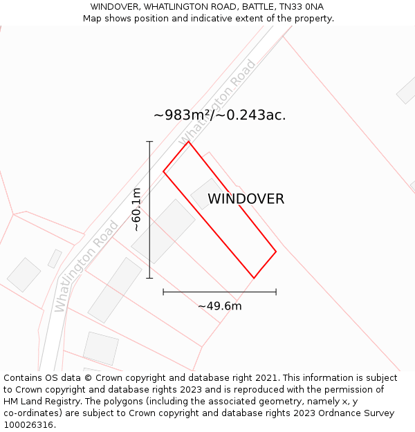 WINDOVER, WHATLINGTON ROAD, BATTLE, TN33 0NA: Plot and title map