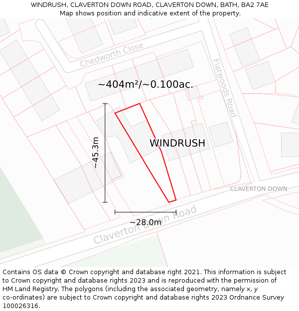 WINDRUSH, CLAVERTON DOWN ROAD, CLAVERTON DOWN, BATH, BA2 7AE: Plot and title map