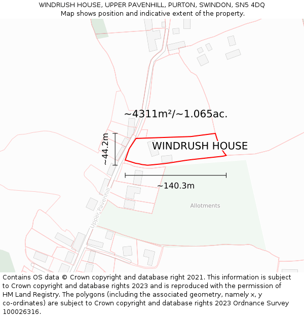 WINDRUSH HOUSE, UPPER PAVENHILL, PURTON, SWINDON, SN5 4DQ: Plot and title map