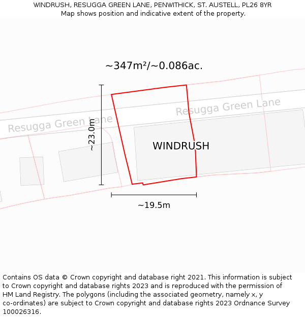 WINDRUSH, RESUGGA GREEN LANE, PENWITHICK, ST. AUSTELL, PL26 8YR: Plot and title map