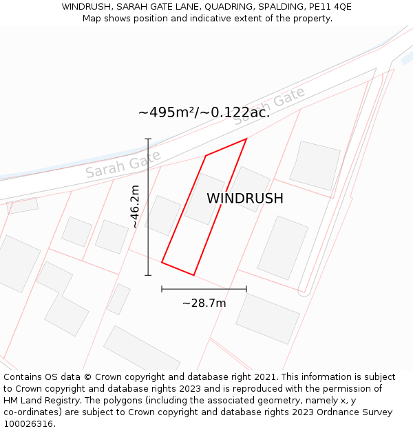 WINDRUSH, SARAH GATE LANE, QUADRING, SPALDING, PE11 4QE: Plot and title map