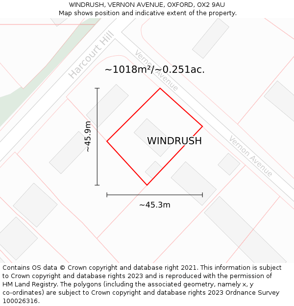 WINDRUSH, VERNON AVENUE, OXFORD, OX2 9AU: Plot and title map