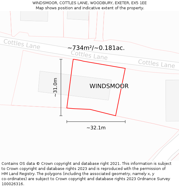 WINDSMOOR, COTTLES LANE, WOODBURY, EXETER, EX5 1EE: Plot and title map