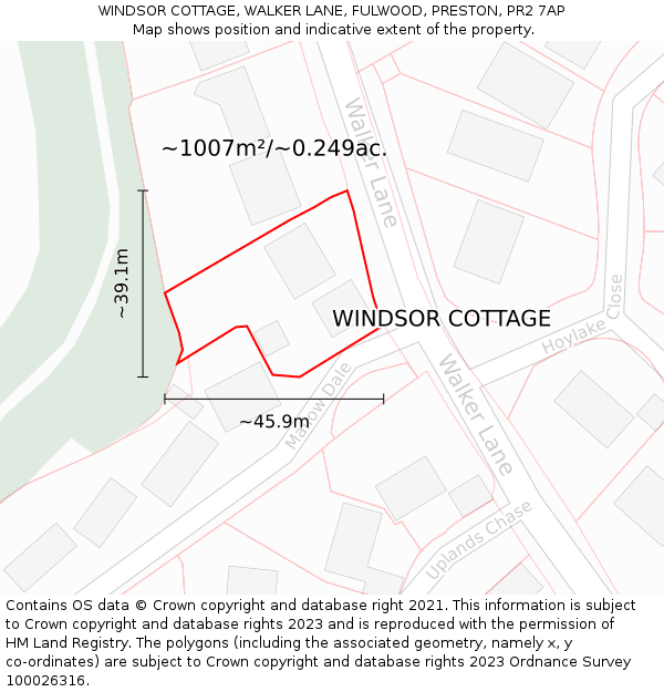 WINDSOR COTTAGE, WALKER LANE, FULWOOD, PRESTON, PR2 7AP: Plot and title map