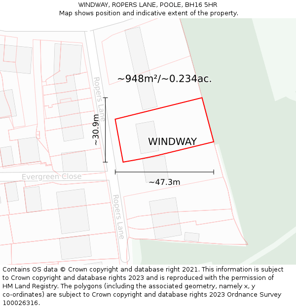 WINDWAY, ROPERS LANE, POOLE, BH16 5HR: Plot and title map