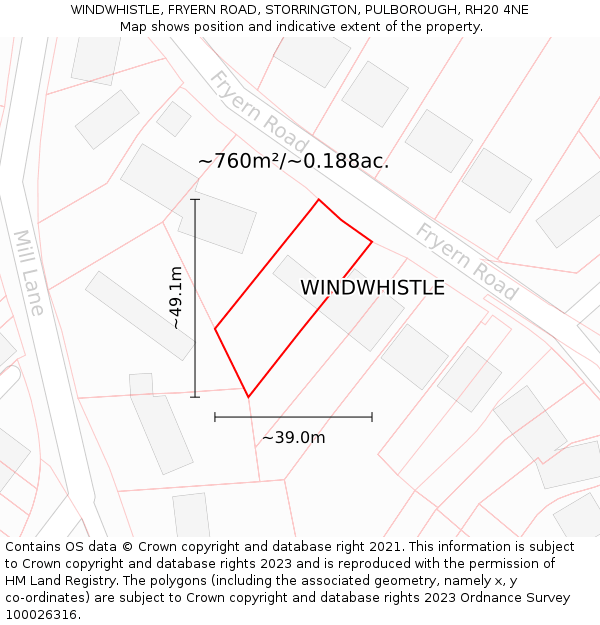 WINDWHISTLE, FRYERN ROAD, STORRINGTON, PULBOROUGH, RH20 4NE: Plot and title map