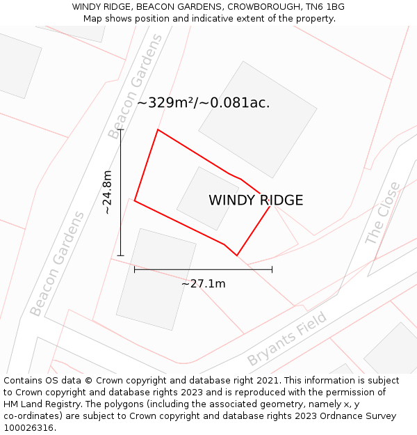 WINDY RIDGE, BEACON GARDENS, CROWBOROUGH, TN6 1BG: Plot and title map