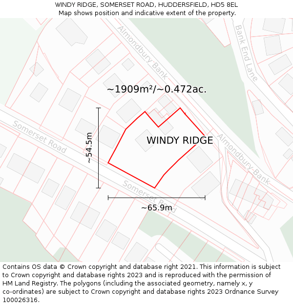 WINDY RIDGE, SOMERSET ROAD, HUDDERSFIELD, HD5 8EL: Plot and title map