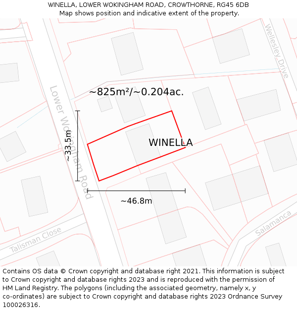 WINELLA, LOWER WOKINGHAM ROAD, CROWTHORNE, RG45 6DB: Plot and title map