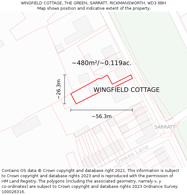 WINGFIELD COTTAGE, THE GREEN, SARRATT, RICKMANSWORTH, WD3 6BH: Plot and title map