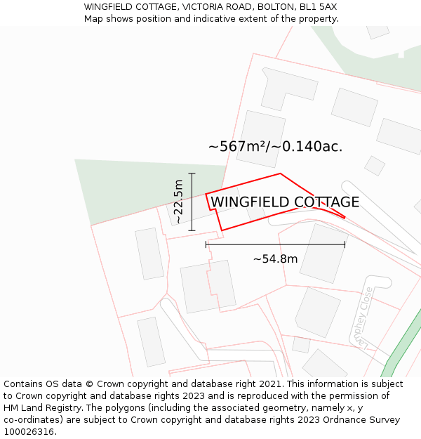 WINGFIELD COTTAGE, VICTORIA ROAD, BOLTON, BL1 5AX: Plot and title map