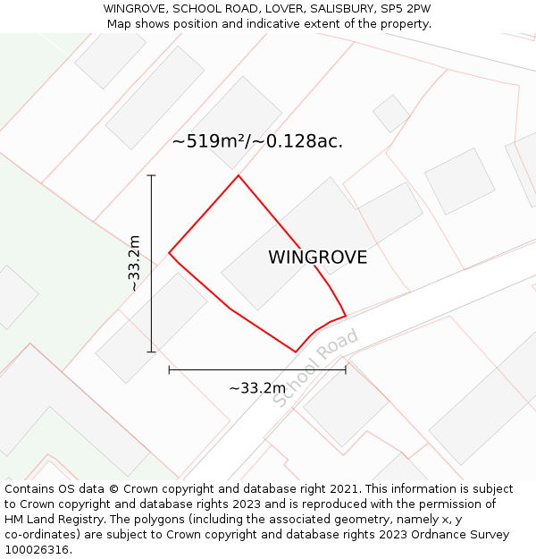 WINGROVE, SCHOOL ROAD, LOVER, SALISBURY, SP5 2PW: Plot and title map