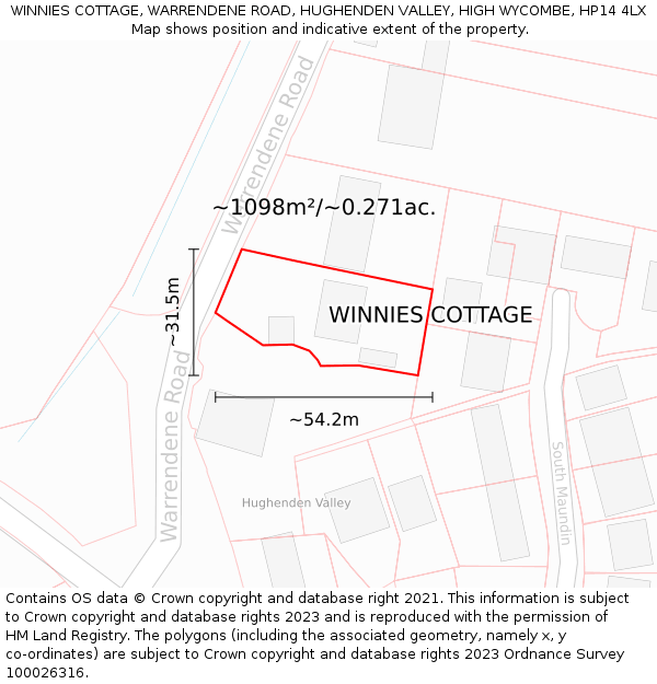 WINNIES COTTAGE, WARRENDENE ROAD, HUGHENDEN VALLEY, HIGH WYCOMBE, HP14 4LX: Plot and title map